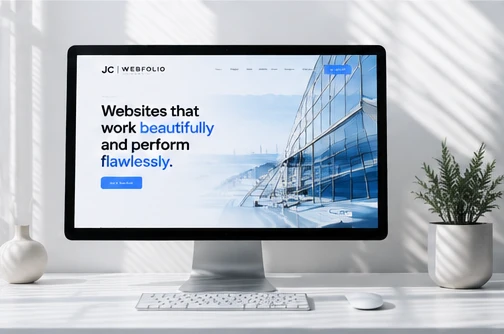 A JC Webfolio website on a desktop monitor — the headline reads “Websites that work beautifully and perform flawlessly.”