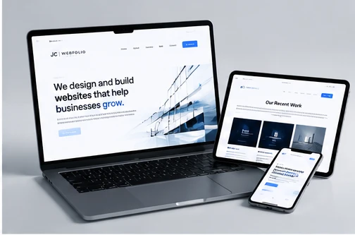 A JC Webfolio website across laptop, tablet, and phone — the headline reads “We design and build websites that help businesses grow.”