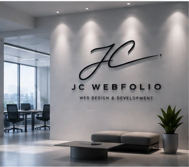 The JC Webfolio logo on a studio office wall above a lobby seating area