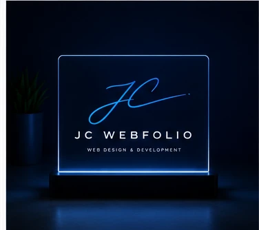 An illuminated JC Webfolio acrylic sign glowing blue in a dark room