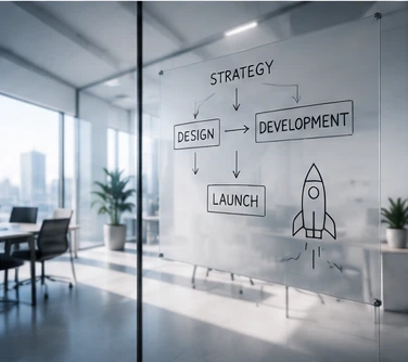 A glass-wall sketch of the process — strategy into design and development, then launch