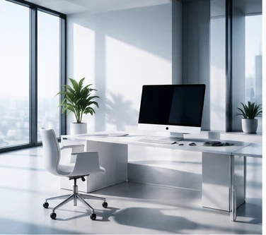 A bright white studio office with a desk, computer, and floor-to-ceiling city views